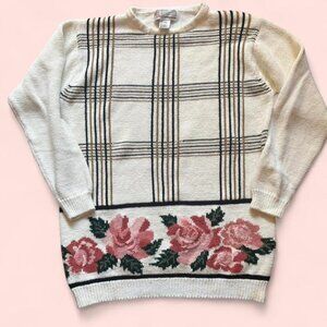 Vintage Floral Plaid Knit Sweater – S Cottagecore Knit